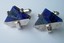 4448 c. 1960s Destino (later mark) triangular silver tone cufflinks- blue stone (likely lapis). Textured silvertone setting. We’ll call them Medium size. Unusual. Price: $35